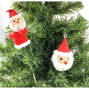 2 Count-Vintage Wood Pulp Santa Face Santa Stick Puppet Czech Christmas Ornament